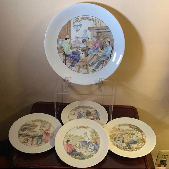 French Limoges Apilco Village Scenes Cheese Plate \ Dessert Set - 7 Piece Set - Picture 3 of 13